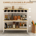 4-Tier Serving Trolley with Bottle Holder and 5 Removable Hooks, Wood and Metal, 96.5x38x96.7 cm