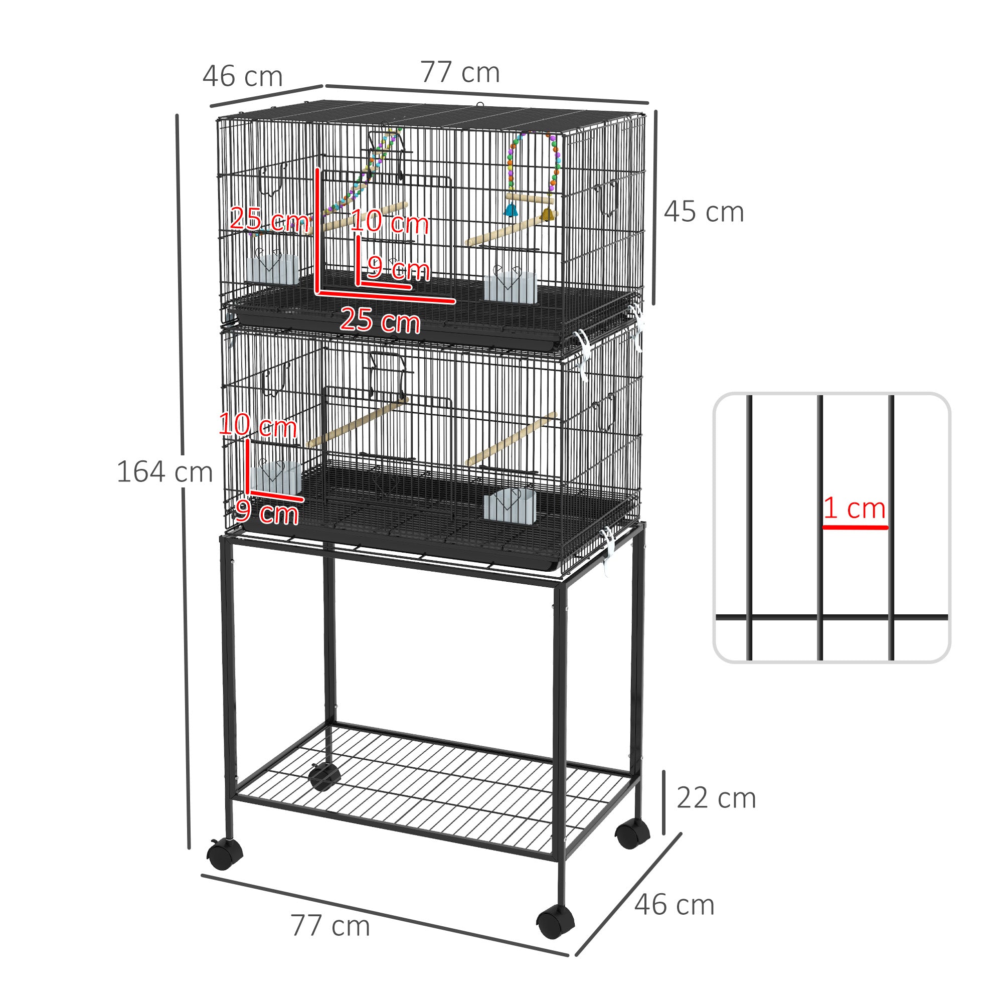 Bird Cage in Steel and PP, Stacked Design with Perches, Swings and Ladders, 77x46x164 cm, Black