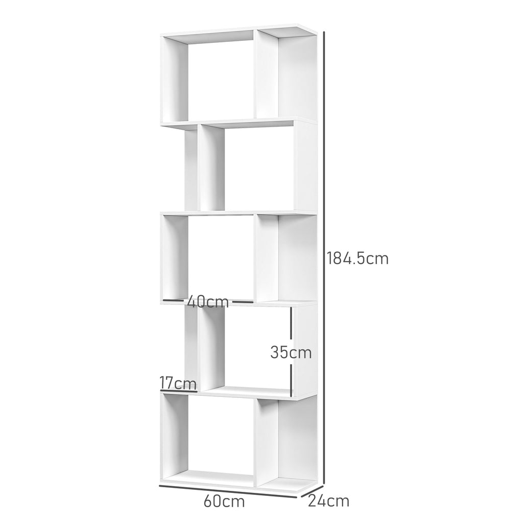 Wooden Bookcase Cabinet with 5 Shelves with Divider, 60x24x184.5 cm, White