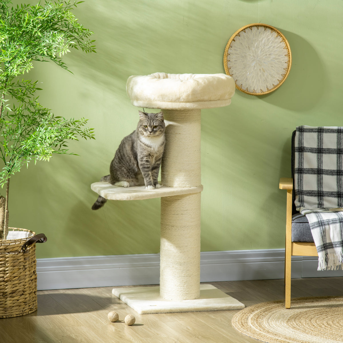 PawHut Cat Scratching Post, 105cm Tall, with Sisal Scratching Post, Basket, Hanging Ball, Plush Toy, Beige