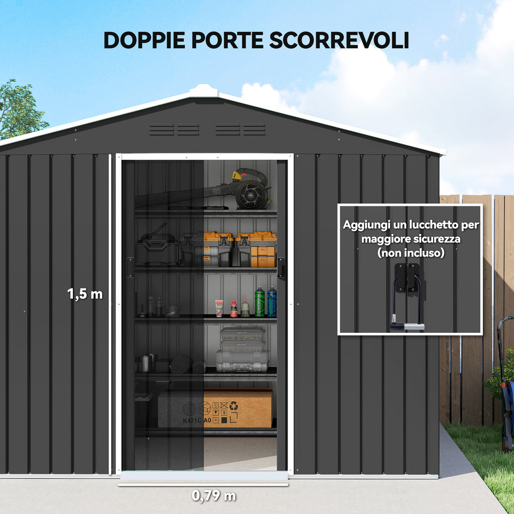 Outsunny 2.3x1.7 m Steel Garden Shed with Air Vents and Double Sliding Door, Dark Grey