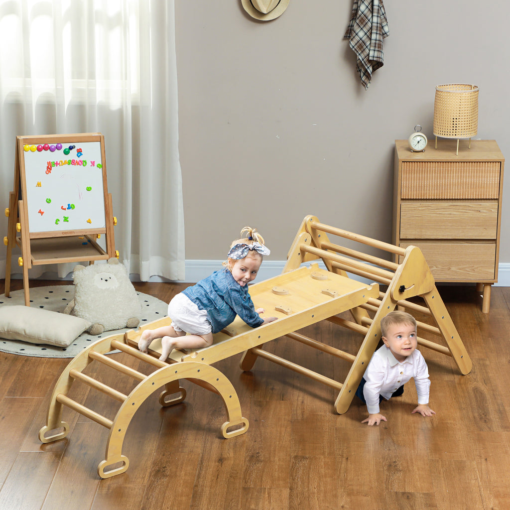 AIYAPLAY Montessori Children's Climbing Game with Triangle and Arch and Ramp with Stones, 178x64.5x63 cm, Wood Color