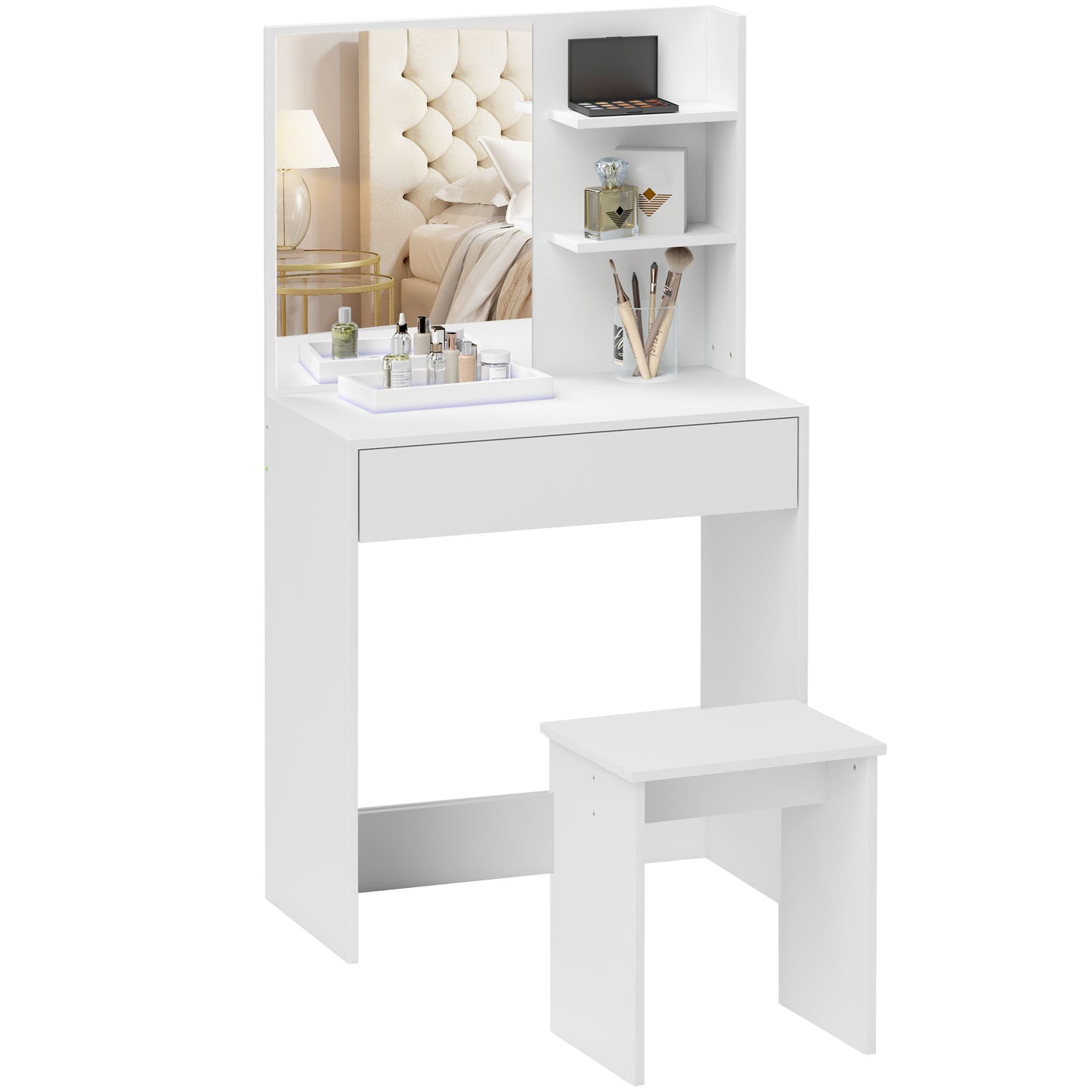 Make-up Table with 3 Shelves and Drawers with Mirror and Stool, 75x40x137 cm, White