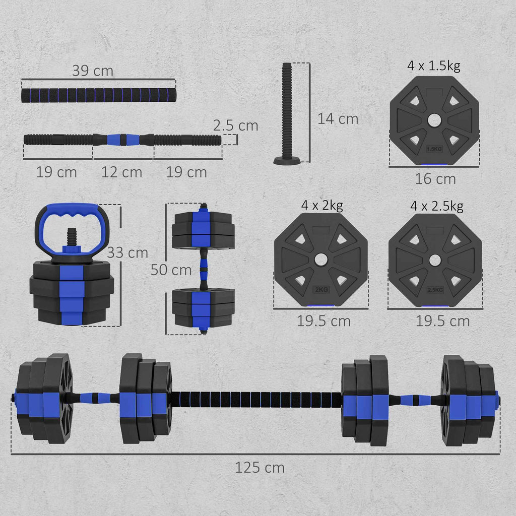 SPORTNOW 6-in-1 Plastic and Sand Gym Weight Set, Can Be Used as Kettlebell, Dumbbell, Barbell, Stand, Blue