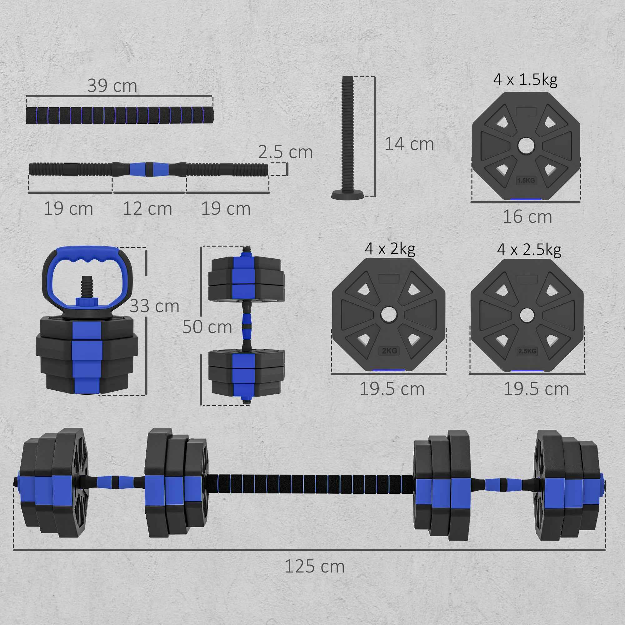 SPORTNOW 6-in-1 Plastic and Sand Gym Weight Set, Can Be Used as Kettlebell, Dumbbell, Barbell, Stand, Blue