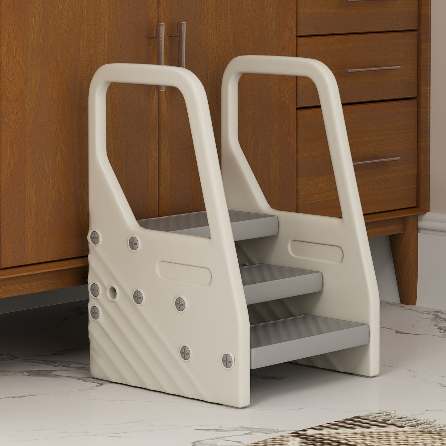 Children's Step Stool 2-5 Years 3 Steps in HDPE, 43x42x65.5 cm, Grey and Cream White