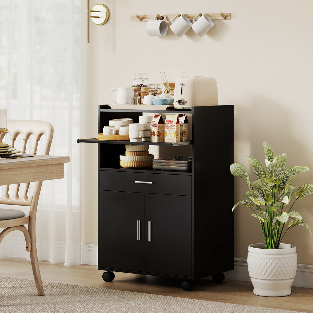 Wooden Microwave Cabinet with Drawer, 2-Door Cabinet and 2 Shelves, 59x40x92 cm, Black