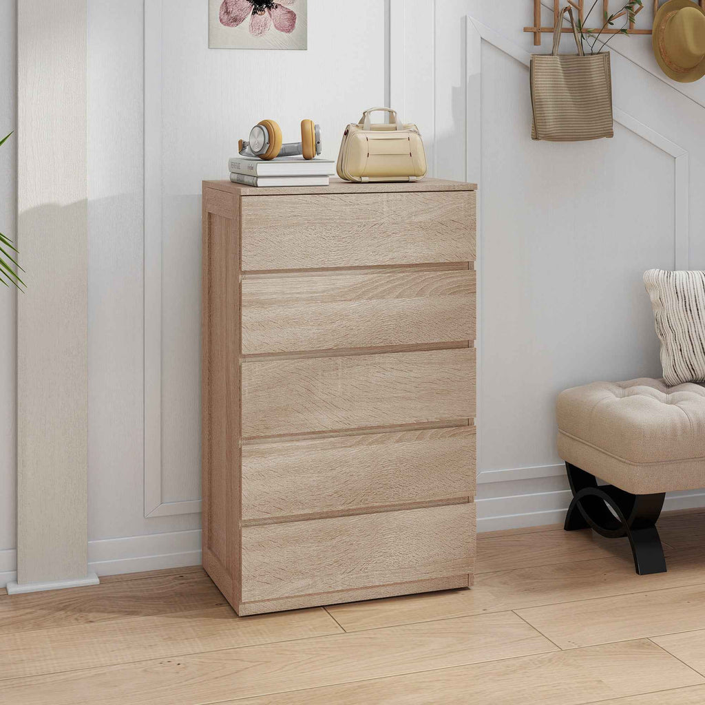 HOMCOM 5-Drawer Wooden Chest of Drawers with Metal Rails and Grooved Handles, 60x39x100 cm, Beech Color