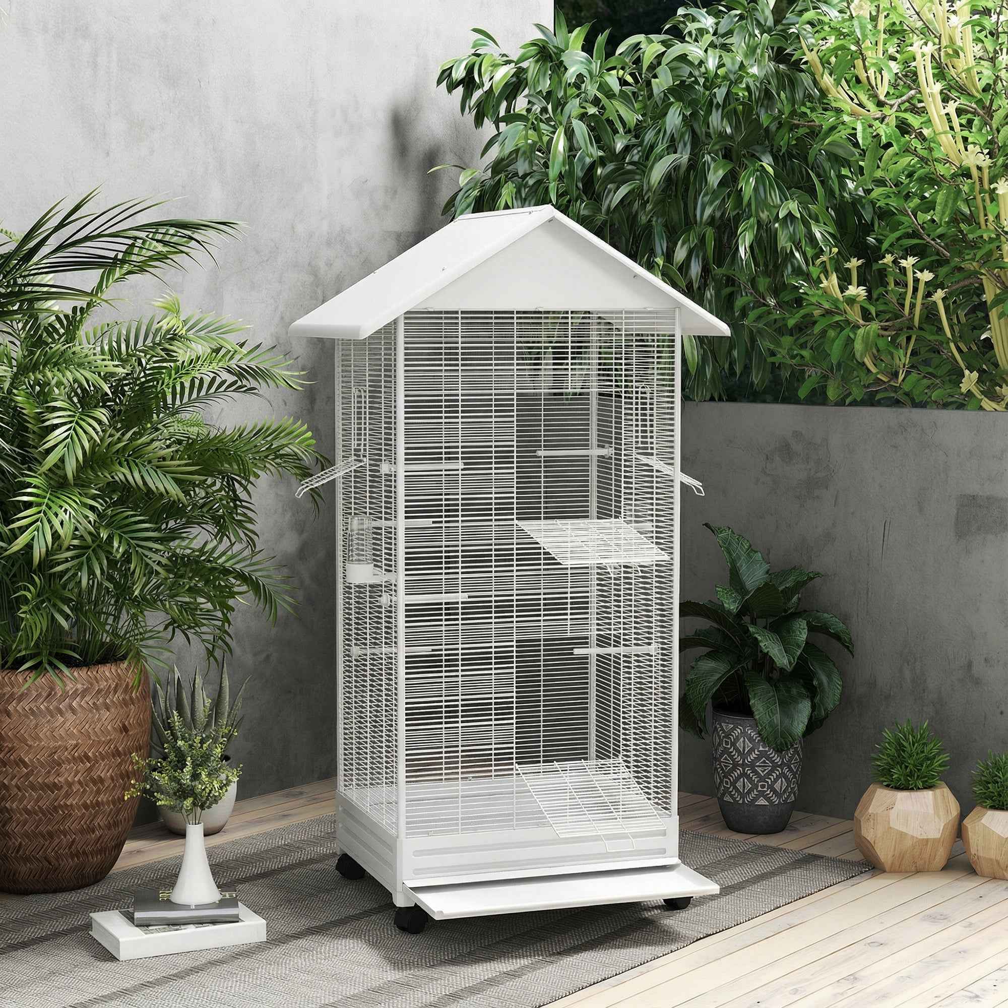 PawHut Wheeled Bird Aviary with Removable Tray, Perches and Feeders, Steel, 79x65x155 cm, White