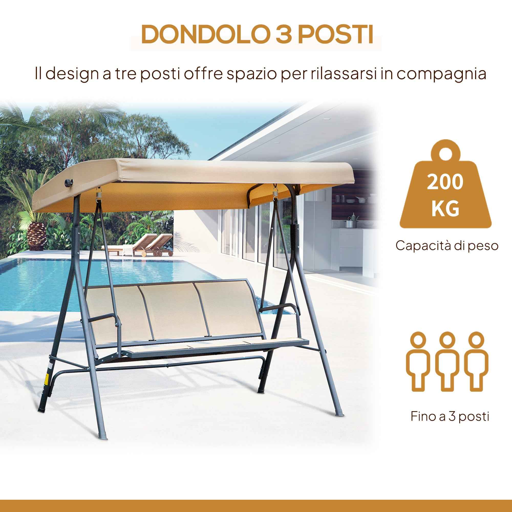 Outsunny 3-Seater Garden Swing with Canopy, Breathable Seat, and Steel Frame, Beige
