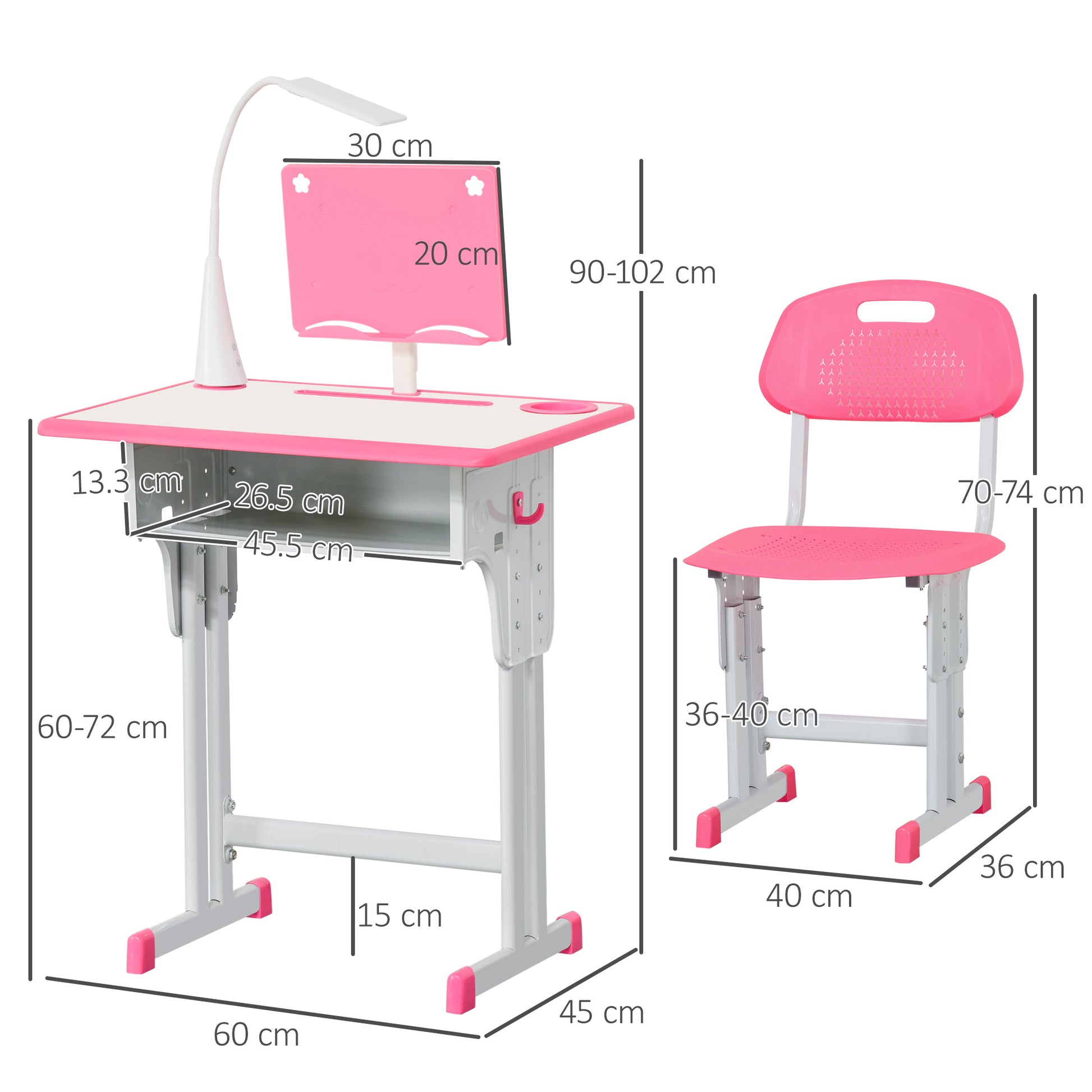 School Desk with Chair for Children 6-12 Years Adjustable Height, LED Lamp, Lectern and Pen Holder, Steel and MDF, Pink - Borgè