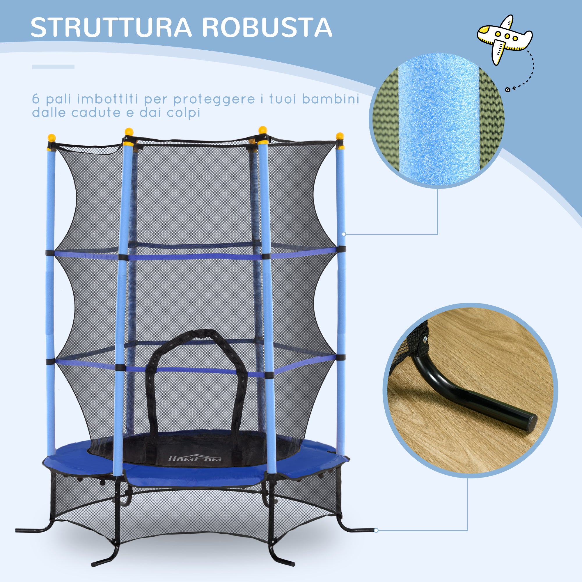 Children's Trampoline Ø1.6x1.9 m with Safety Net and Padded Poles, Ages 3-10 Years, Blue