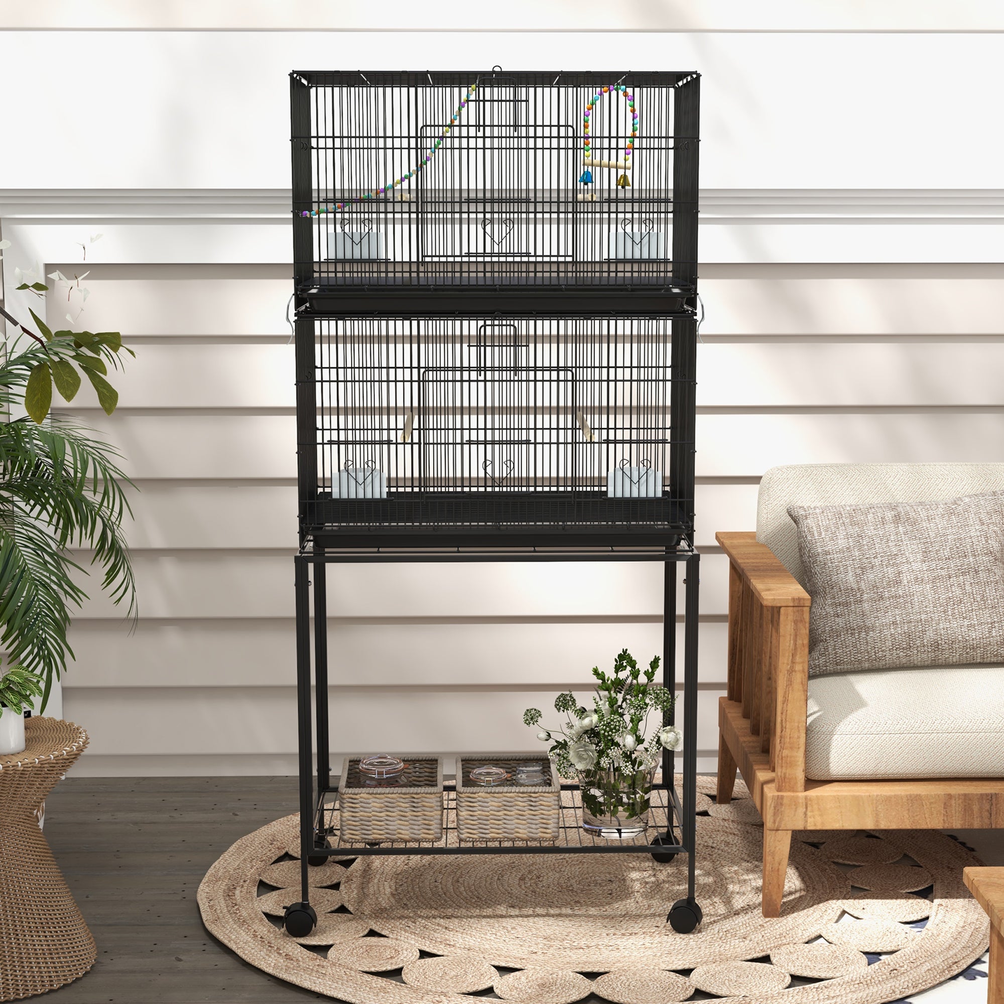 Bird Cage in Steel and PP, Stacked Design with Perches, Swings and Ladders, 77x46x164 cm, Black