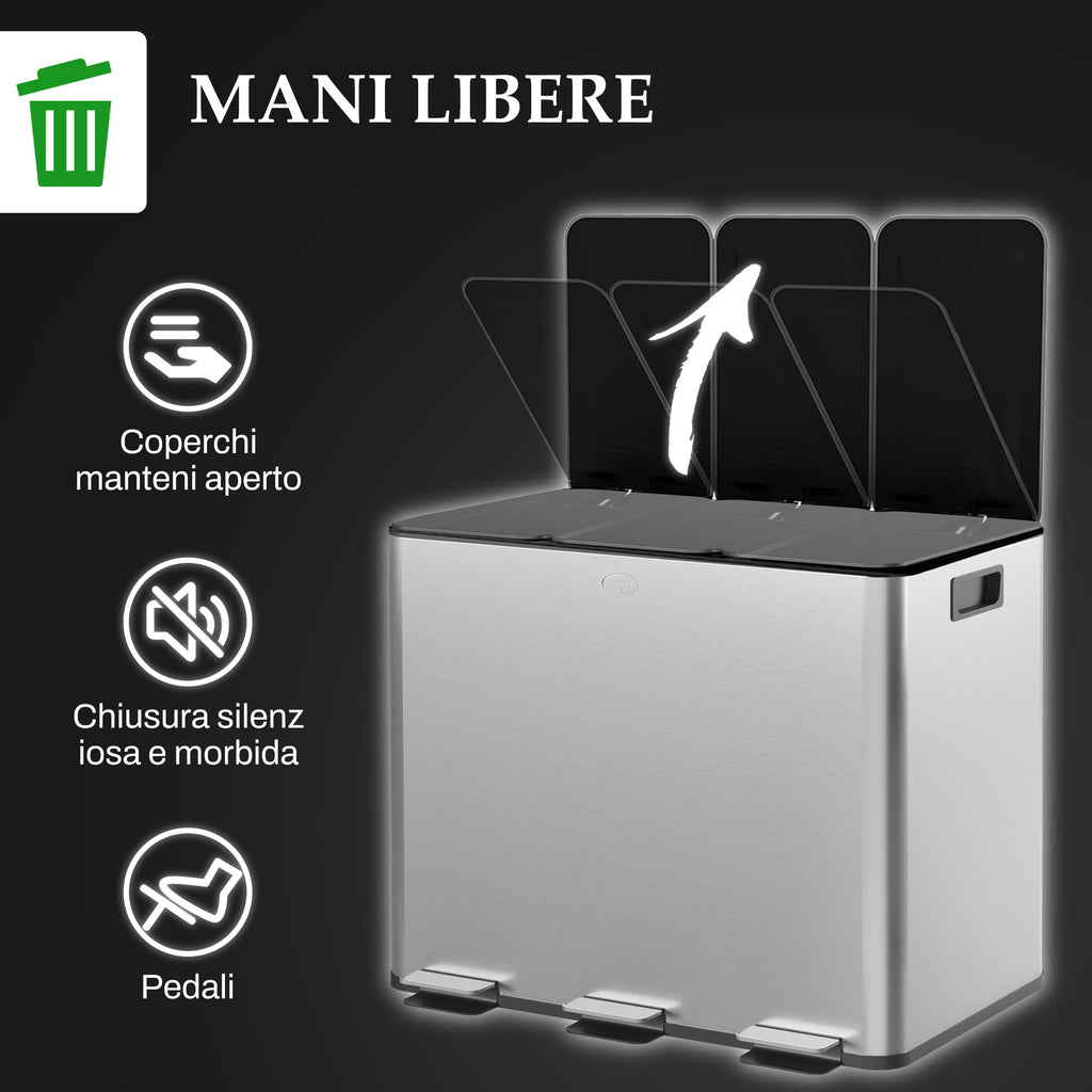 TRES - 20L 3-Section Dustbin with Silent Closure, Stainless Steel and PP, 61.9x36. 6x56. 7 cm