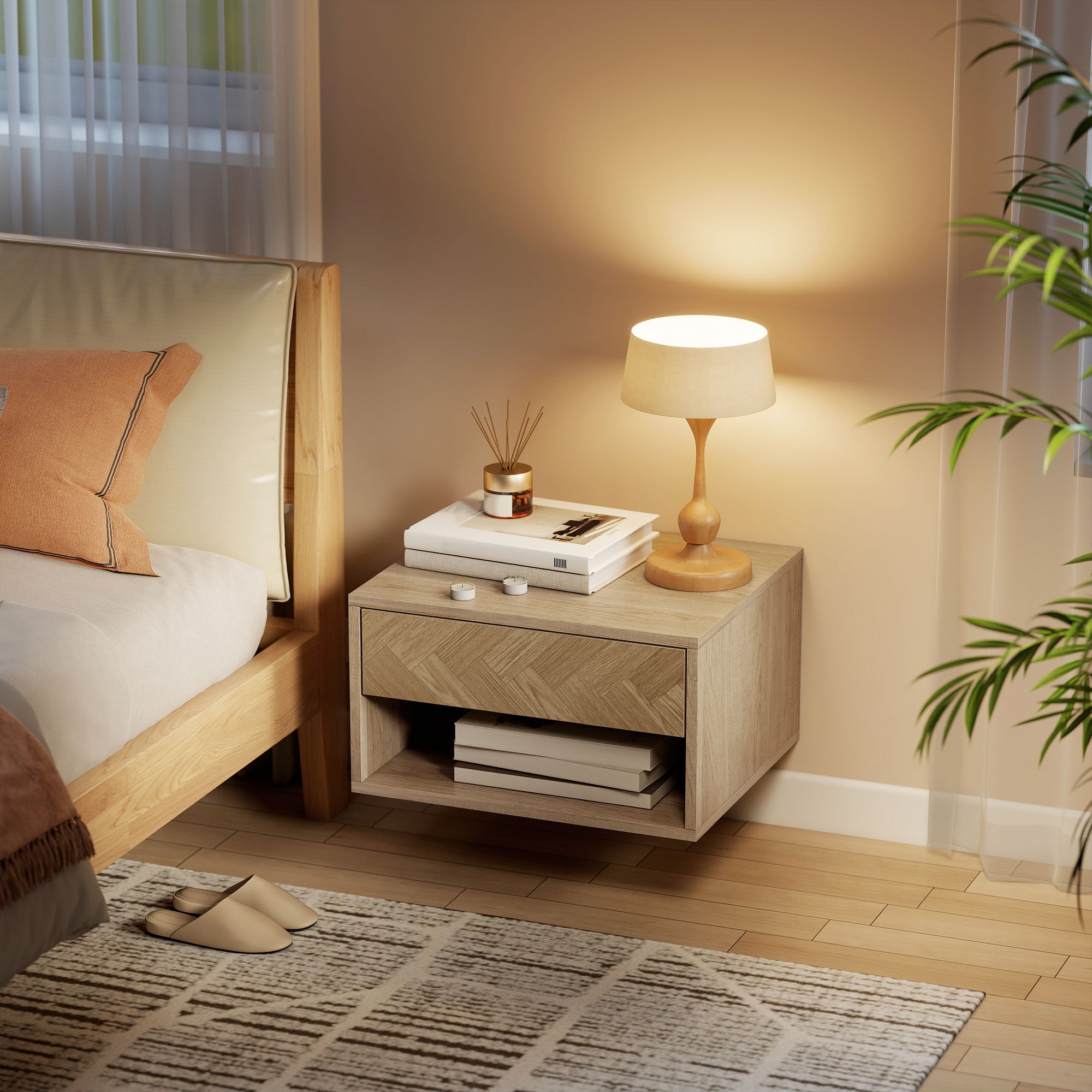 HOMCOM Set of 2 Modern Floating Bedside Tables with Drawer and Open Compartment, 37x32x21 cm, Natural Wood
