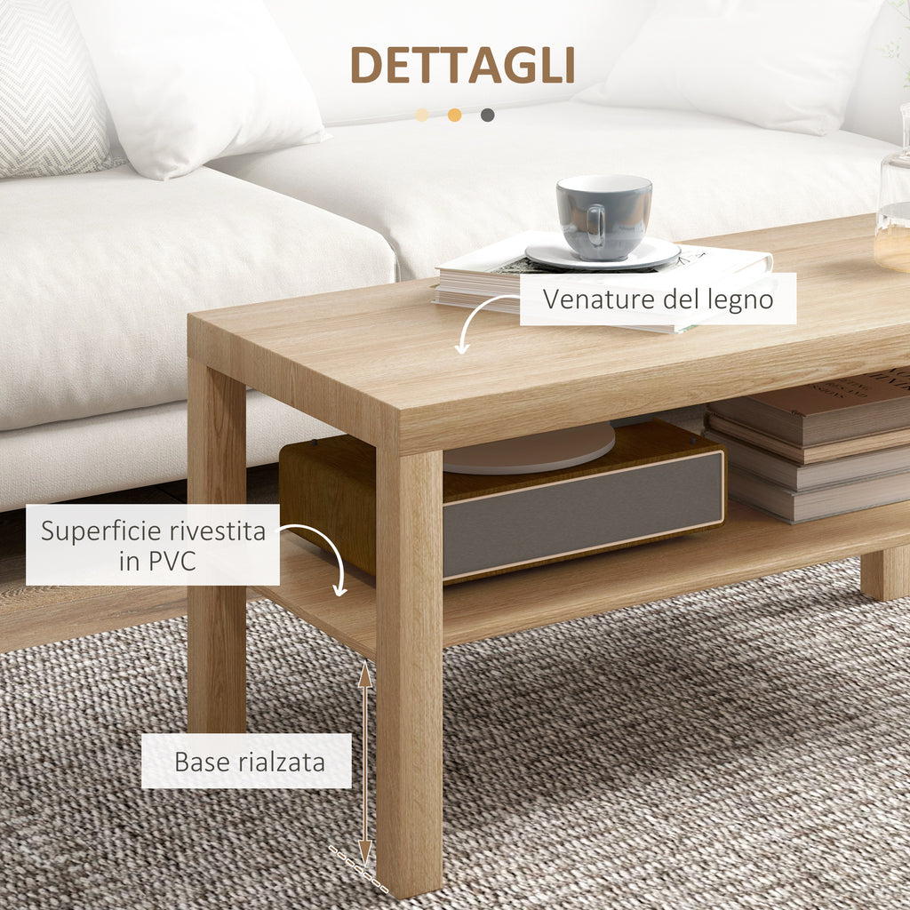 Rectangular Coffee Table with Large Shelf, 90×45×44.5 cm, Natural Wood