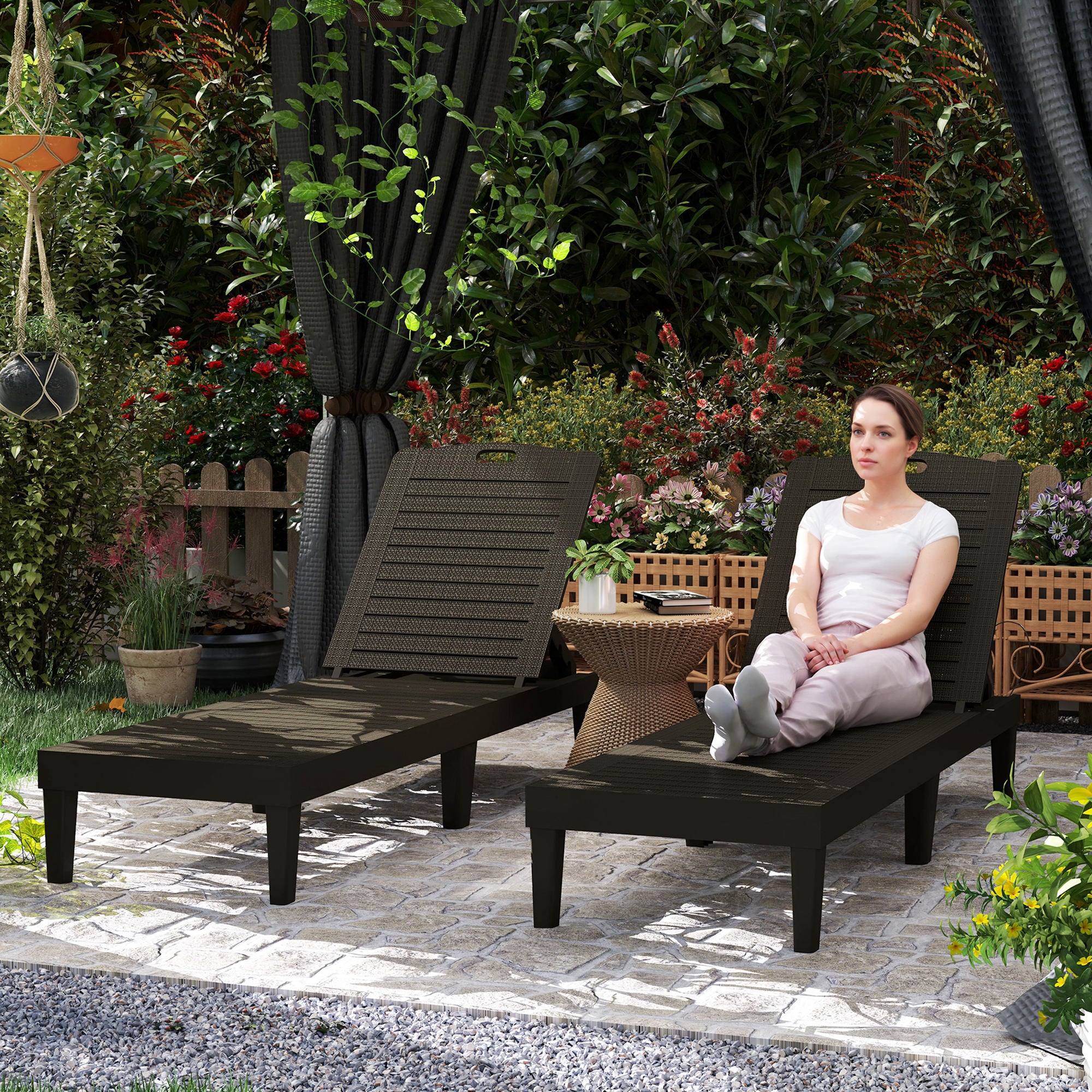 Set of 2 Sun Loungers with Adjustable Backrest in 4 Positions Rattan Slatted Effect, Black