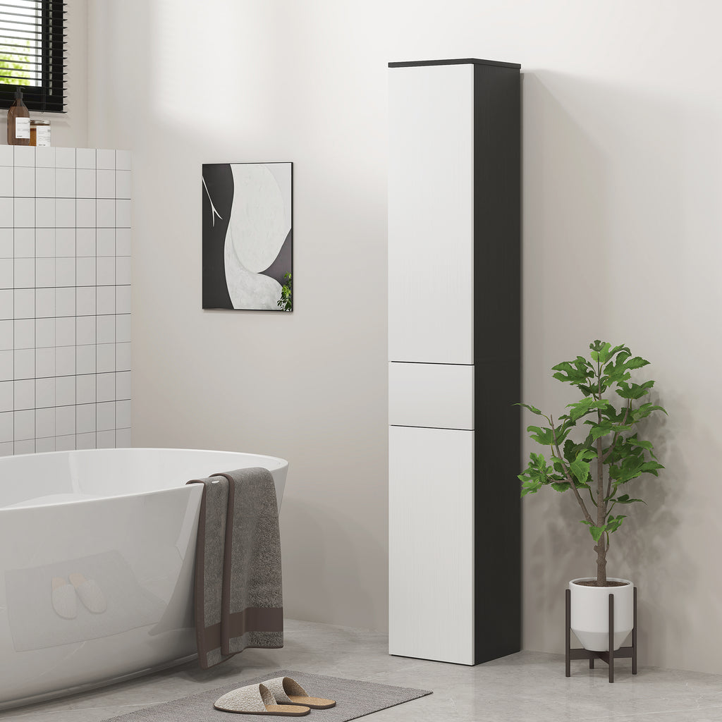 Space-saving Wooden Bathroom Column with 2 Cabinets and Drawer, 30x28x180 cm, Black