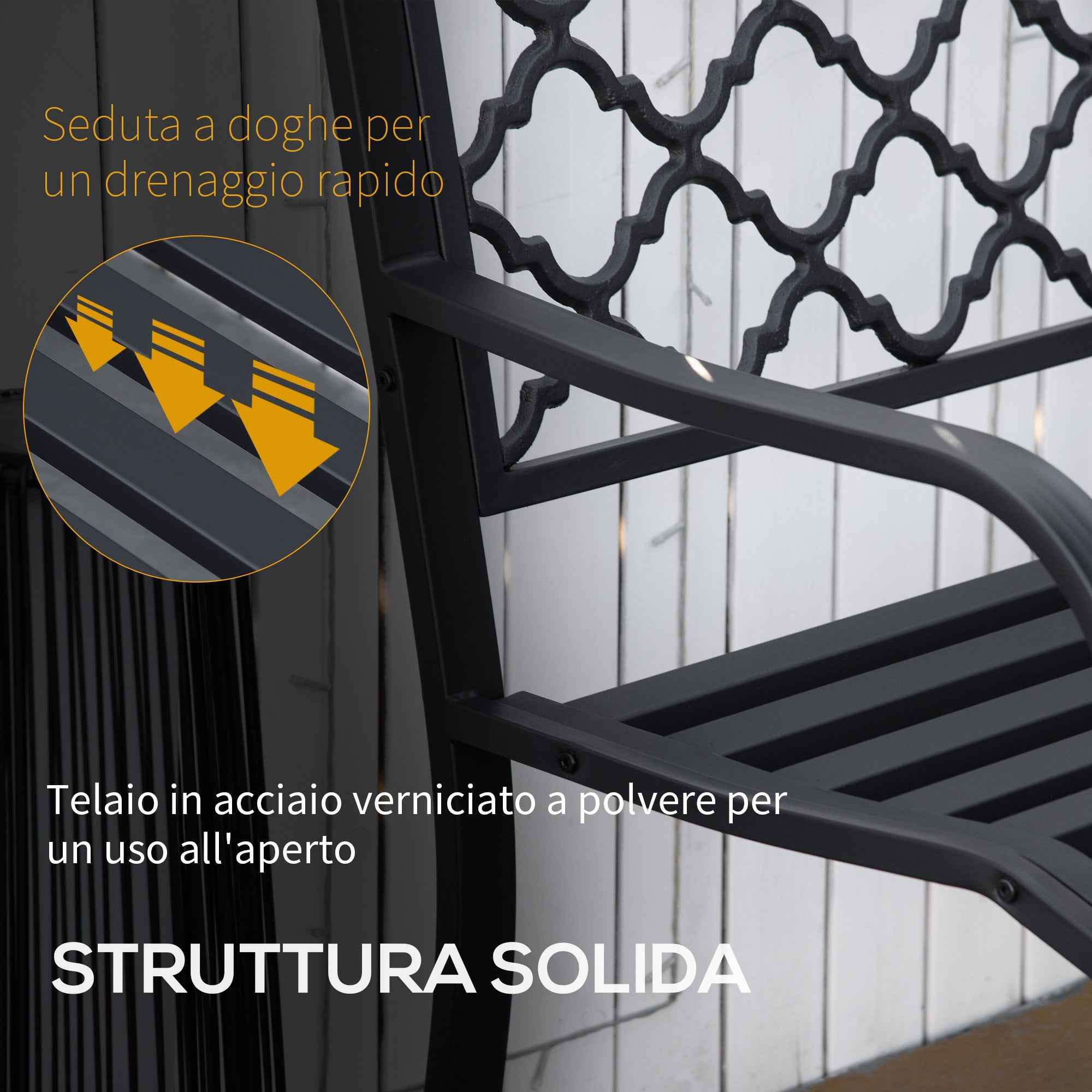 Outsunny 2-Seater Outdoor Bench in Steel and Cast Iron with Armrests and Decorated Backrest, 128x58.5x89cm, Black