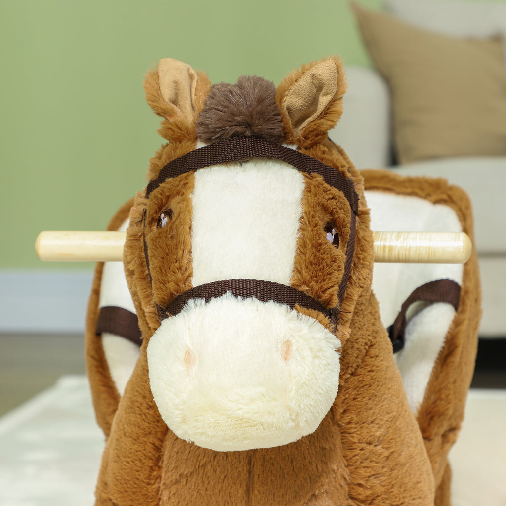 Rocking Horse for Babies 18-36 Months with Sounds, Wooden Base and Safety Belt, Brown