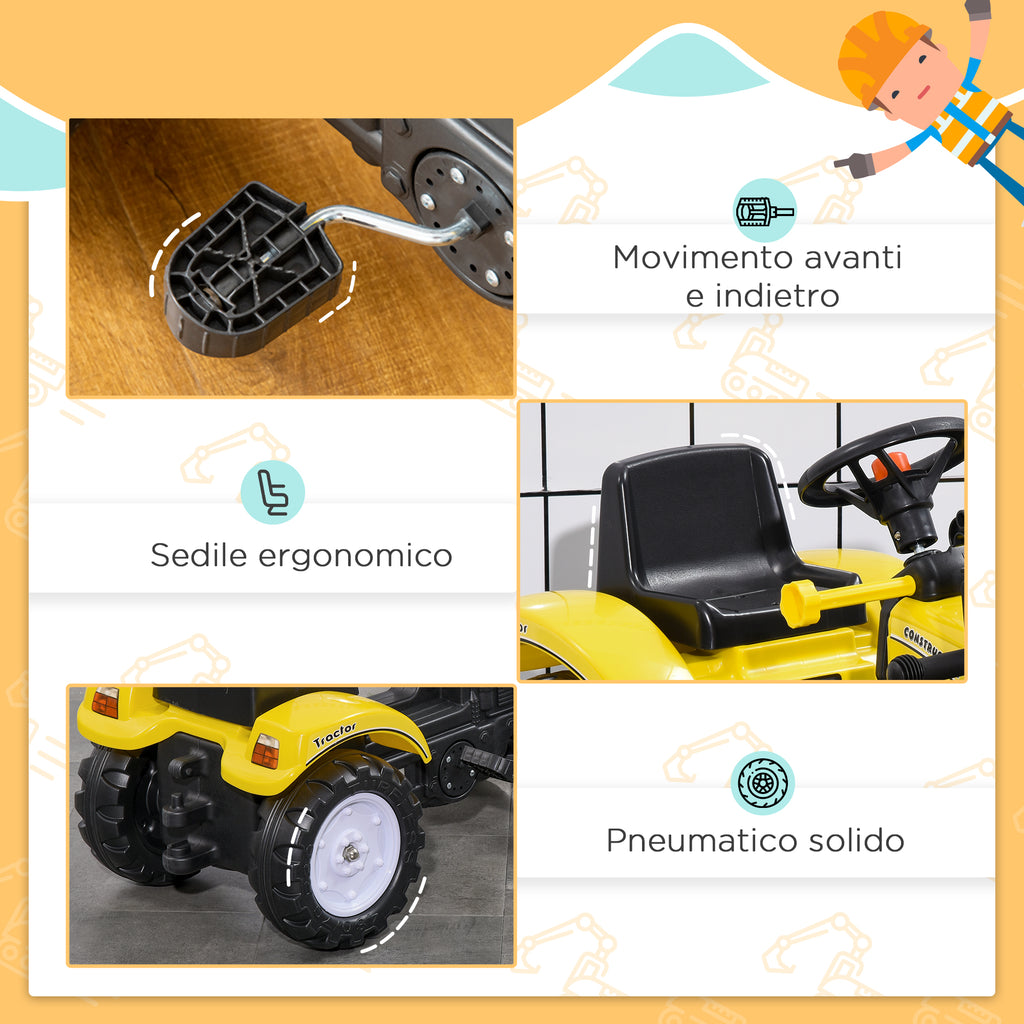 Pedal Excavator for Kids from 3 Years with Front Loader and Steering Wheel, Yellow