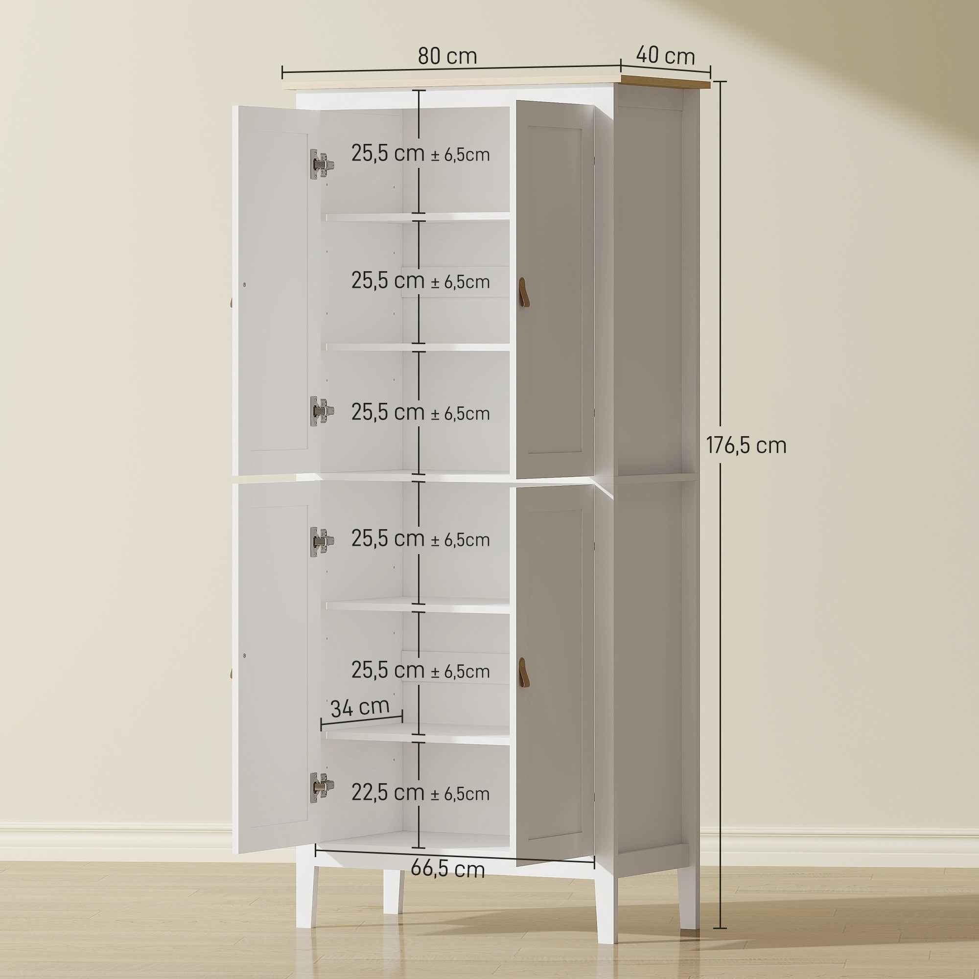 HOMCOM 177cm Tall Kitchen Sideboard, Kitchen Cabinet with LED Light, 3-Color Dimmable, Adjustable Shelves, White