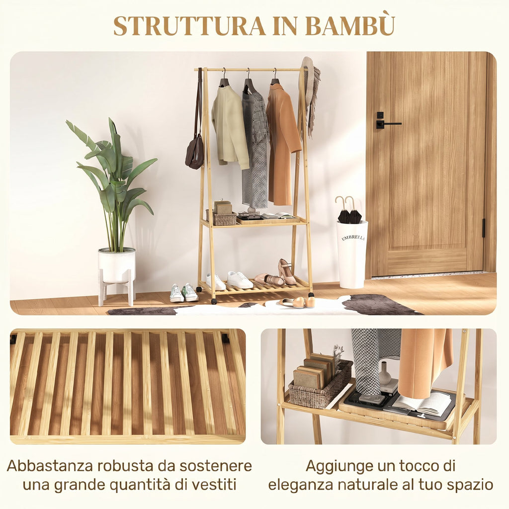 HOMCOM Bamboo Coat Rack with Shoe Shelf, 2 Hooks, Mobile Coat Stand for Entryway, Living Room, Natural