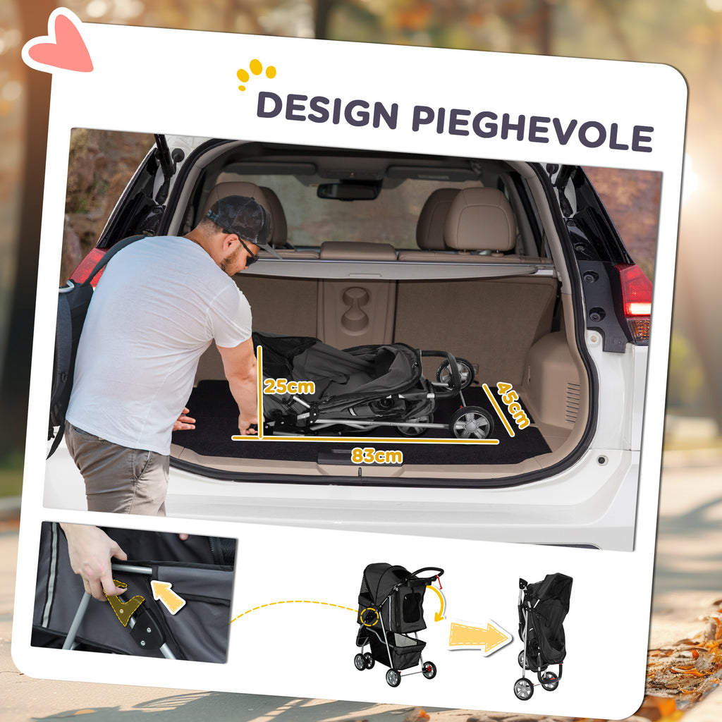 Folding Dog Stroller with Cup Holder and Basket, Steel and Polyester, 75x45x97 cm, Charcoal Grey