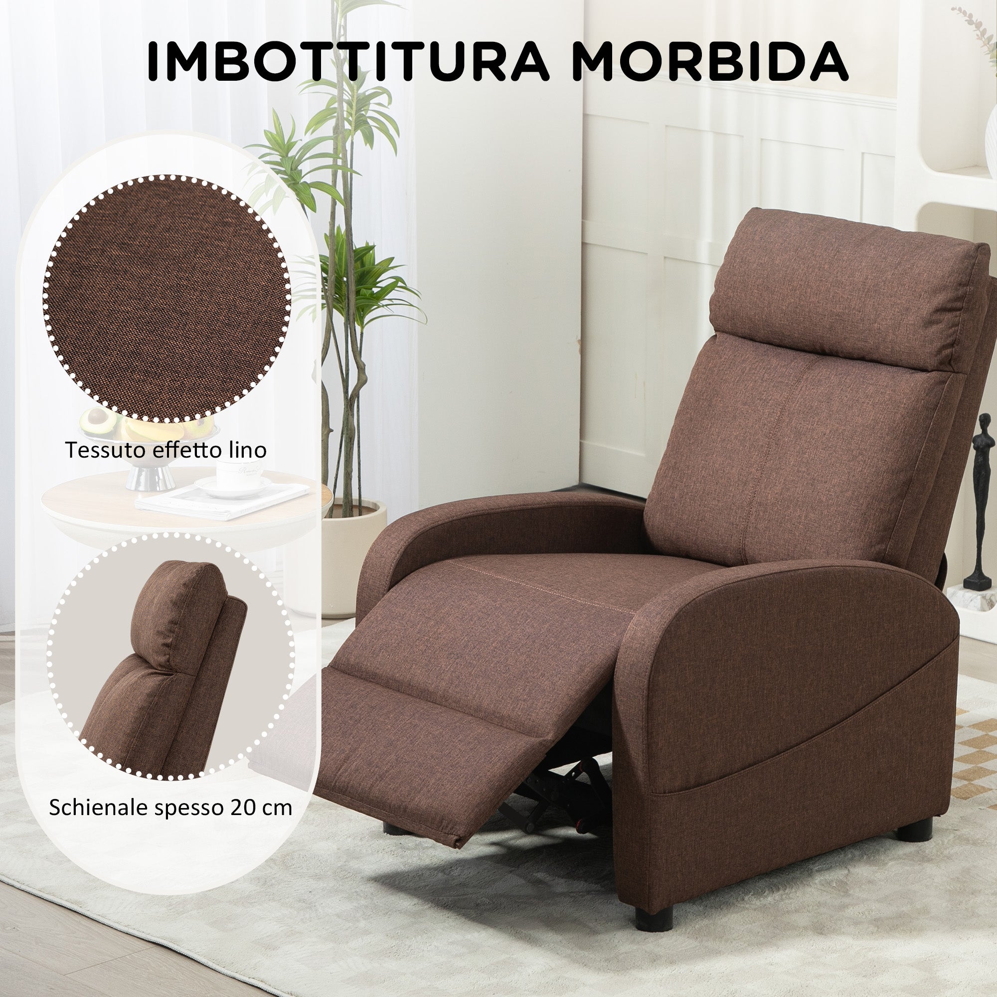 Reclining Relax Chair with Footrest in Linen Effect Fabric, 69x85x100 cm, Brown