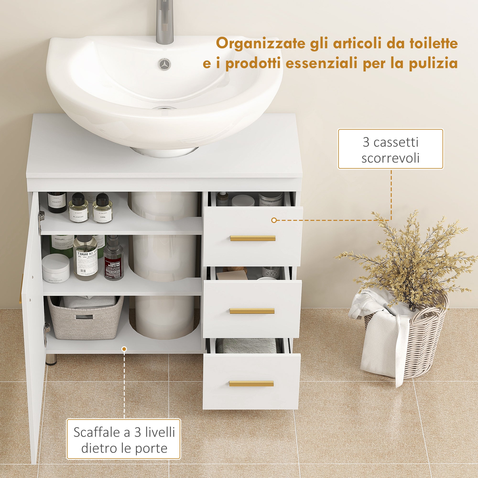 Under Sink Cabinet with U-Shaped Cutout, Cabinet with 3 Drawers, Soft-Close, 70x30x65 cm, White