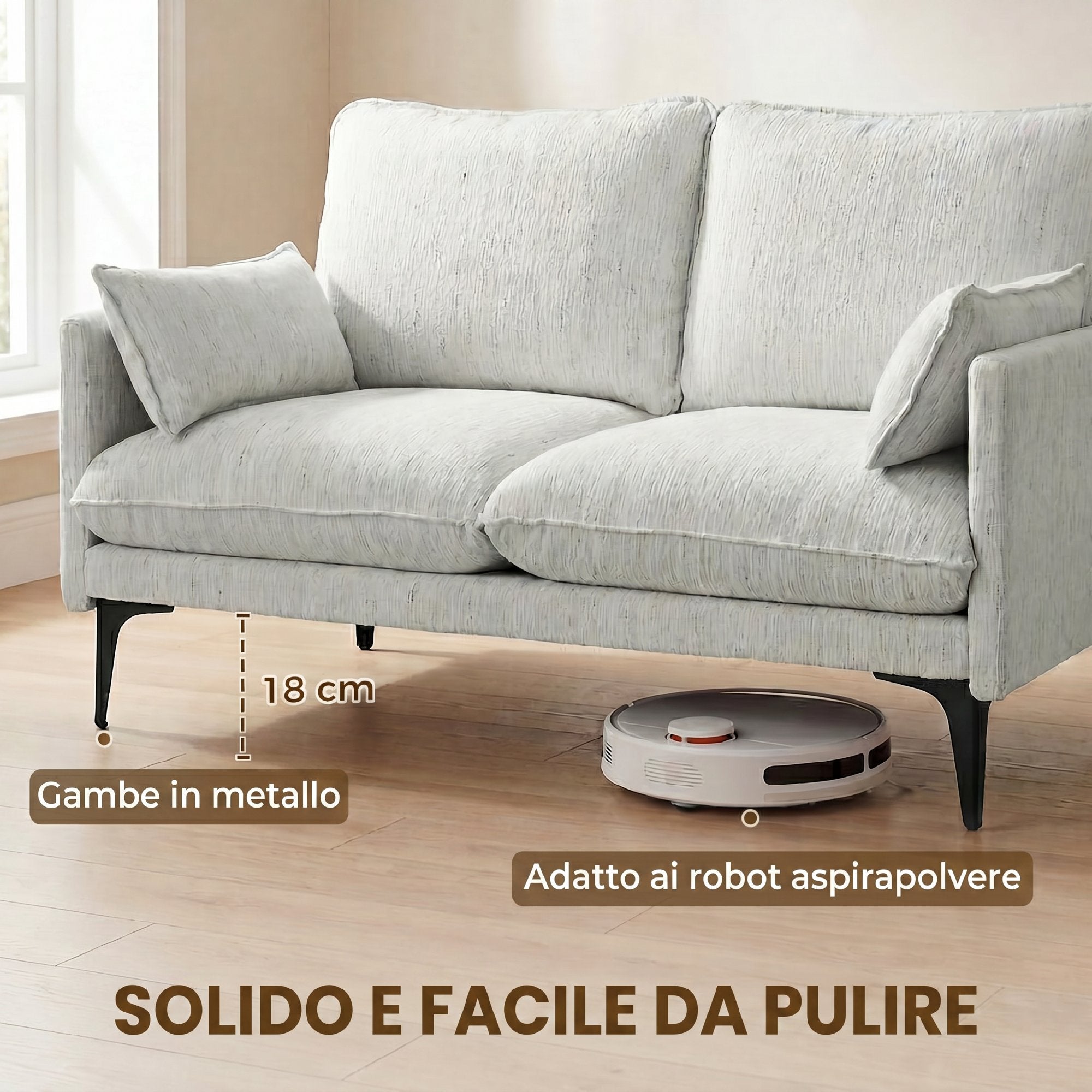 HOMCOM 2-Seater Fabric Sofa with Armrests, Thick Padding and 2 Cushions, 131x78x83 cm, White