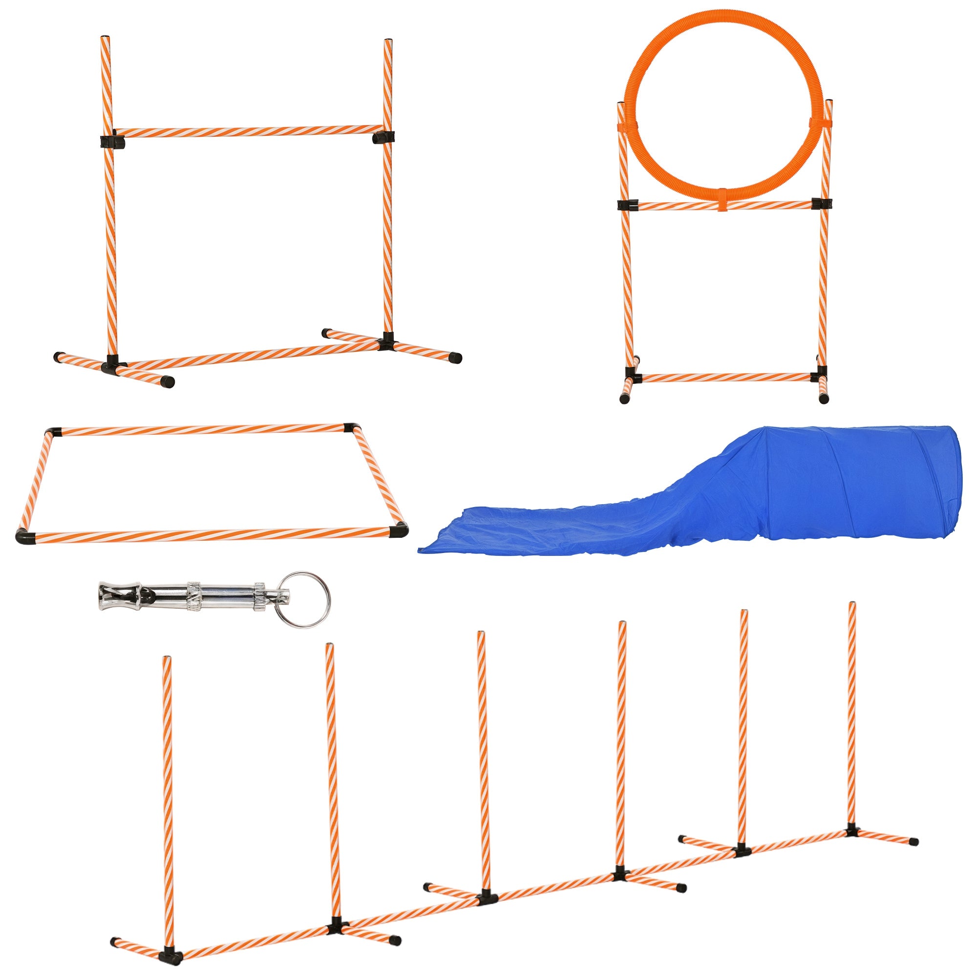 Agility Dog Equipment Complete Set with 5-Piece Slalom, Obstacle and Tunnel, Orange