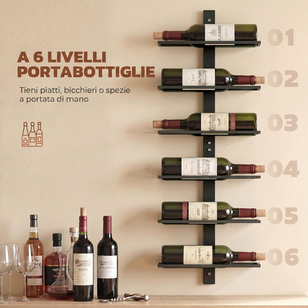 HOMCOM Wall-Mounted Steel Wine Rack for 6 Bottles, Kitchen and Living Room, 27x10x71 cm, Black