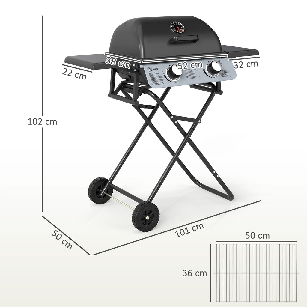 Portable Gas Barbecue with 2 Burners and 2 Side Tables, Lid with Thermometer and Wheels, Black