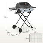 Portable Gas Barbecue with 2 Burners and 2 Side Tables, Lid with Thermometer and Wheels, Black