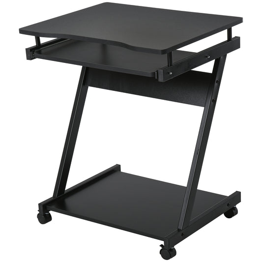 Classic Space-Saving Computer Desk, Kids Bedroom Desk with Retractable Keyboard Tray, 4 Wheels and Lower Shelf, Black 60x48x73cm