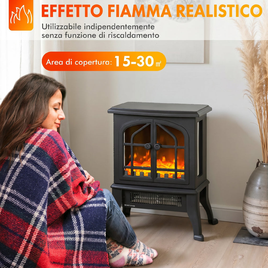 HOMCOM 900/1800W Electric Fireplace with 3D Flame and Adjustable Thermostat (10-35°C), 30㎡, Black