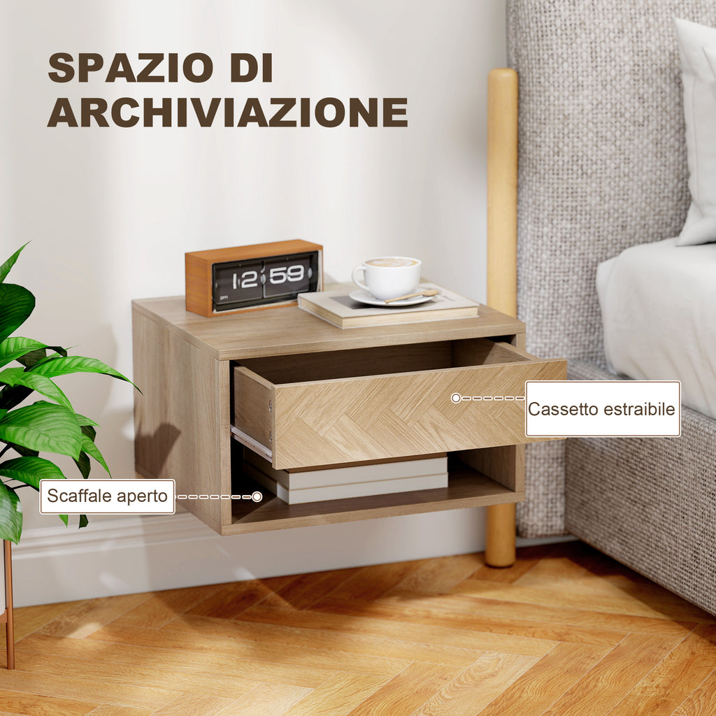HOMCOM Set of 2 Modern Floating Bedside Tables with Drawer and Open Compartment, 37x32x21 cm, Natural Wood