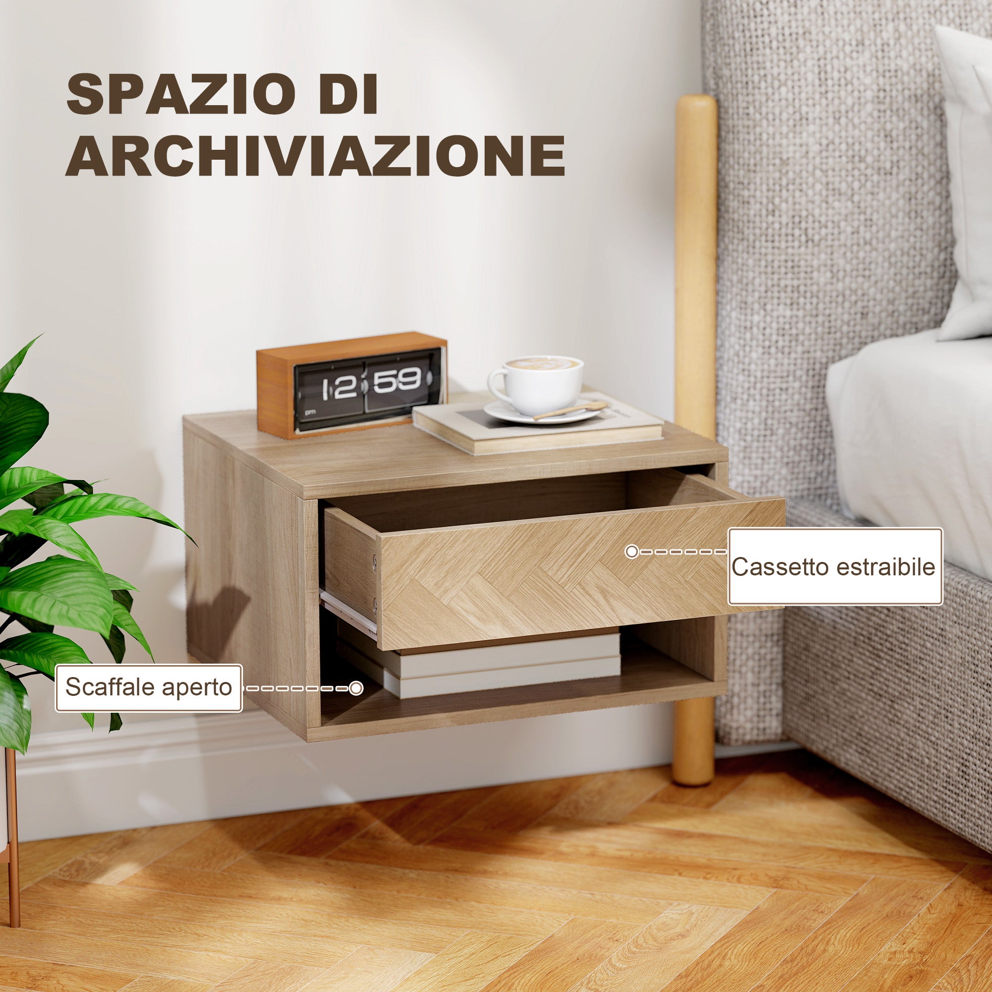 HOMCOM Set of 2 Modern Floating Bedside Tables with Drawer and Open Compartment, 37x32x21 cm, Natural Wood