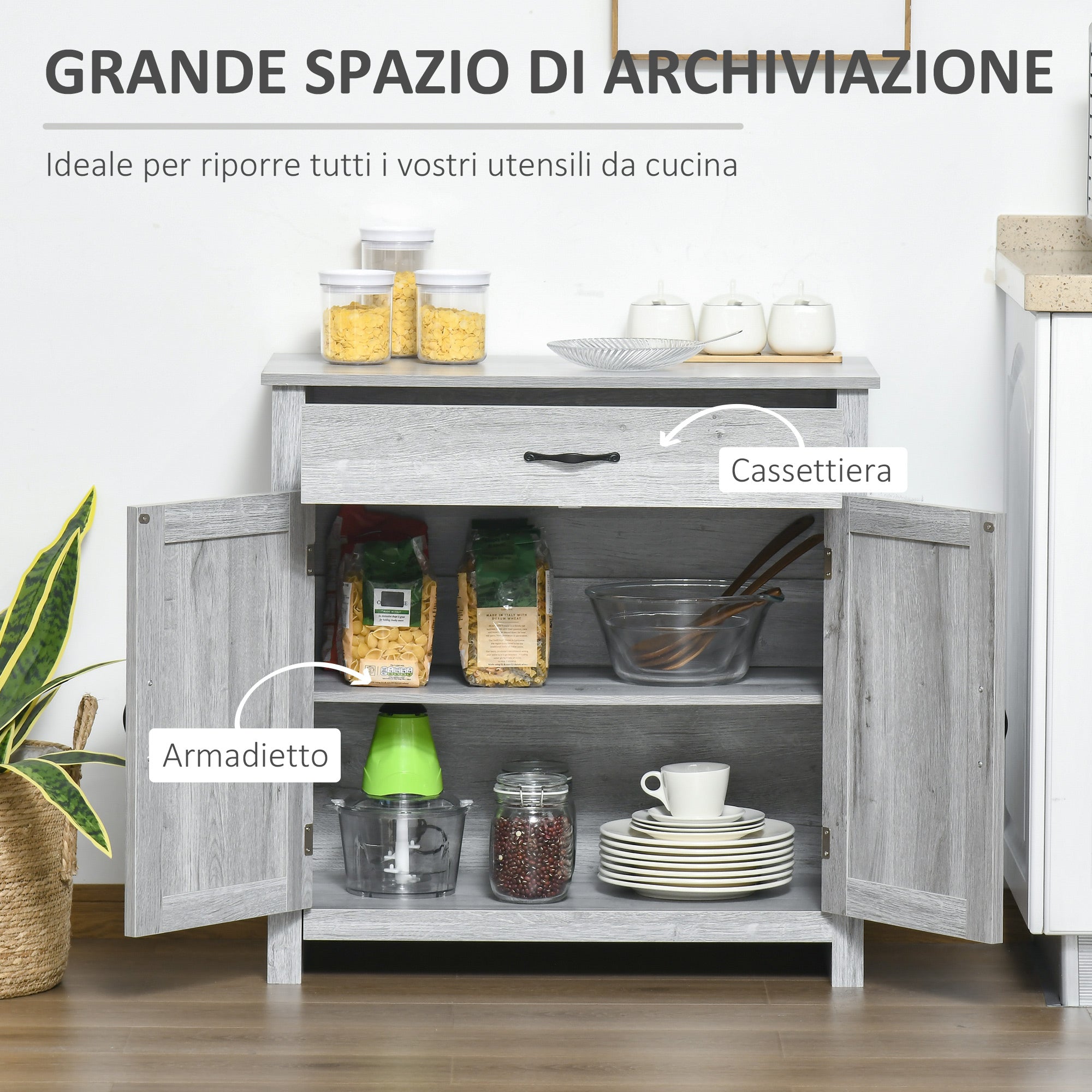 Country Kitchen Sideboard with 2-Door Cabinet and Drawer, 80x39.7x80cm, Grey