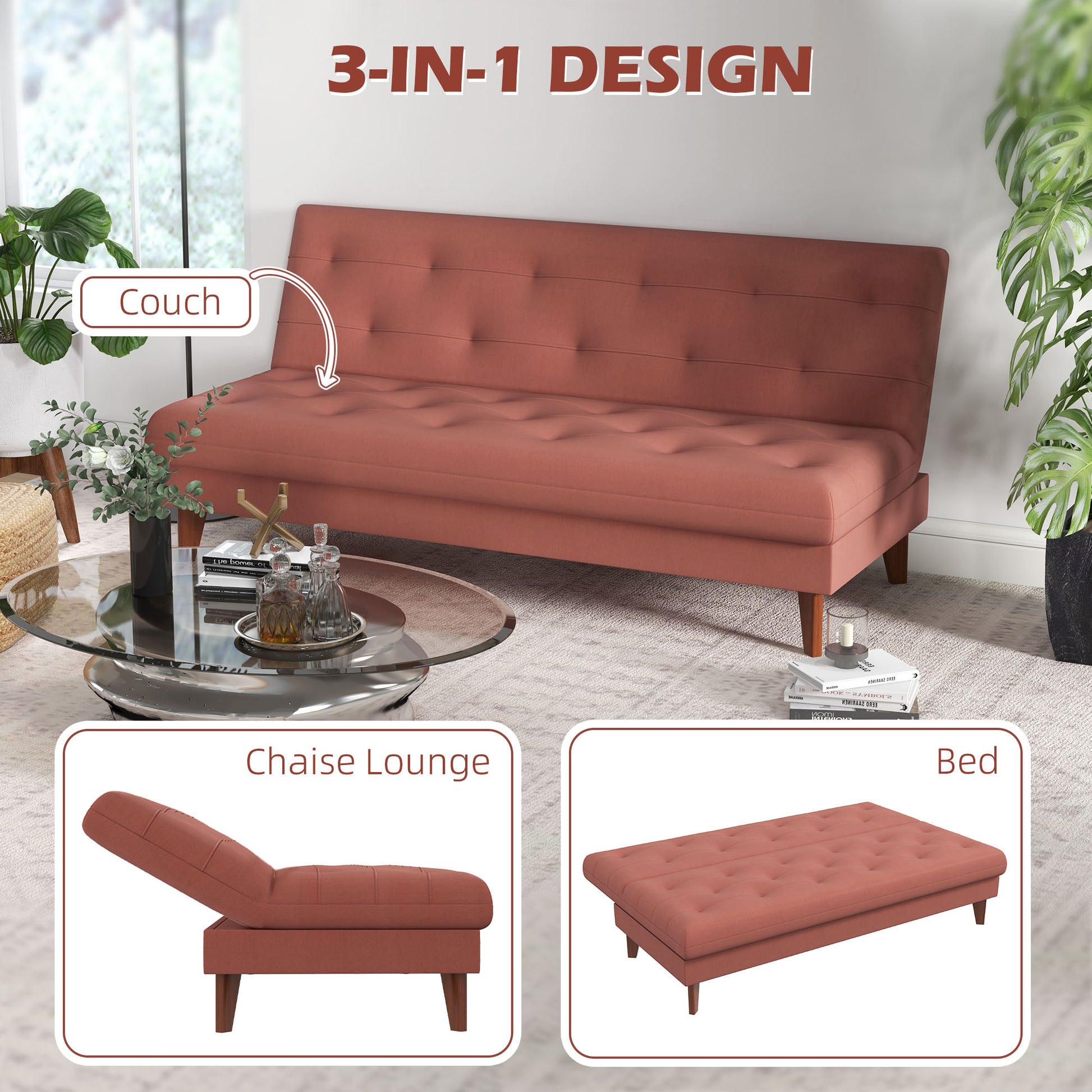 Homcom sofa bed 3 seats with 3 -level microfiber levels adjustable backrest, 185x85x84cm, orange - Borgè