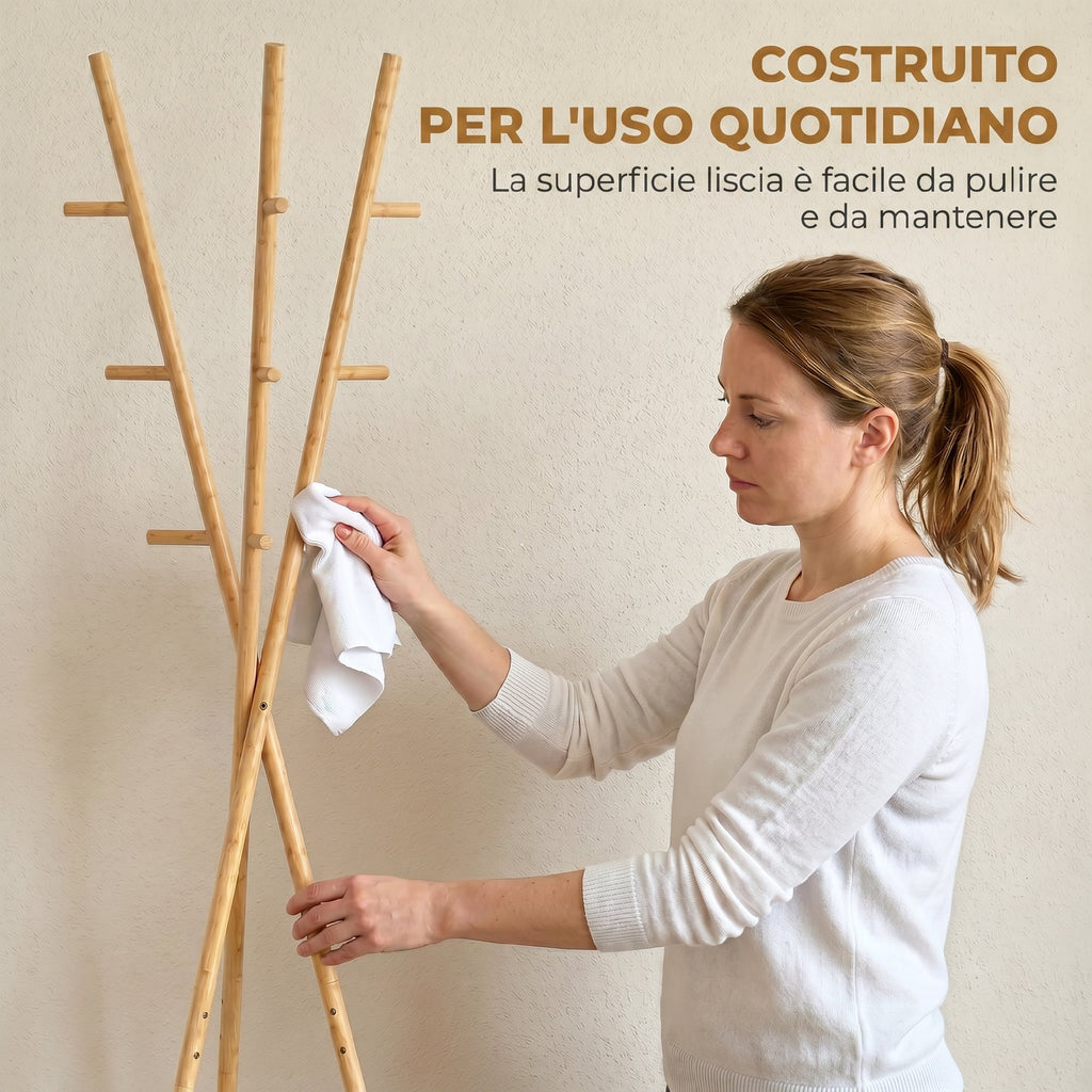 HOMCOM Clothes Tree with 9 Hooks and 2 Shelves, Natural