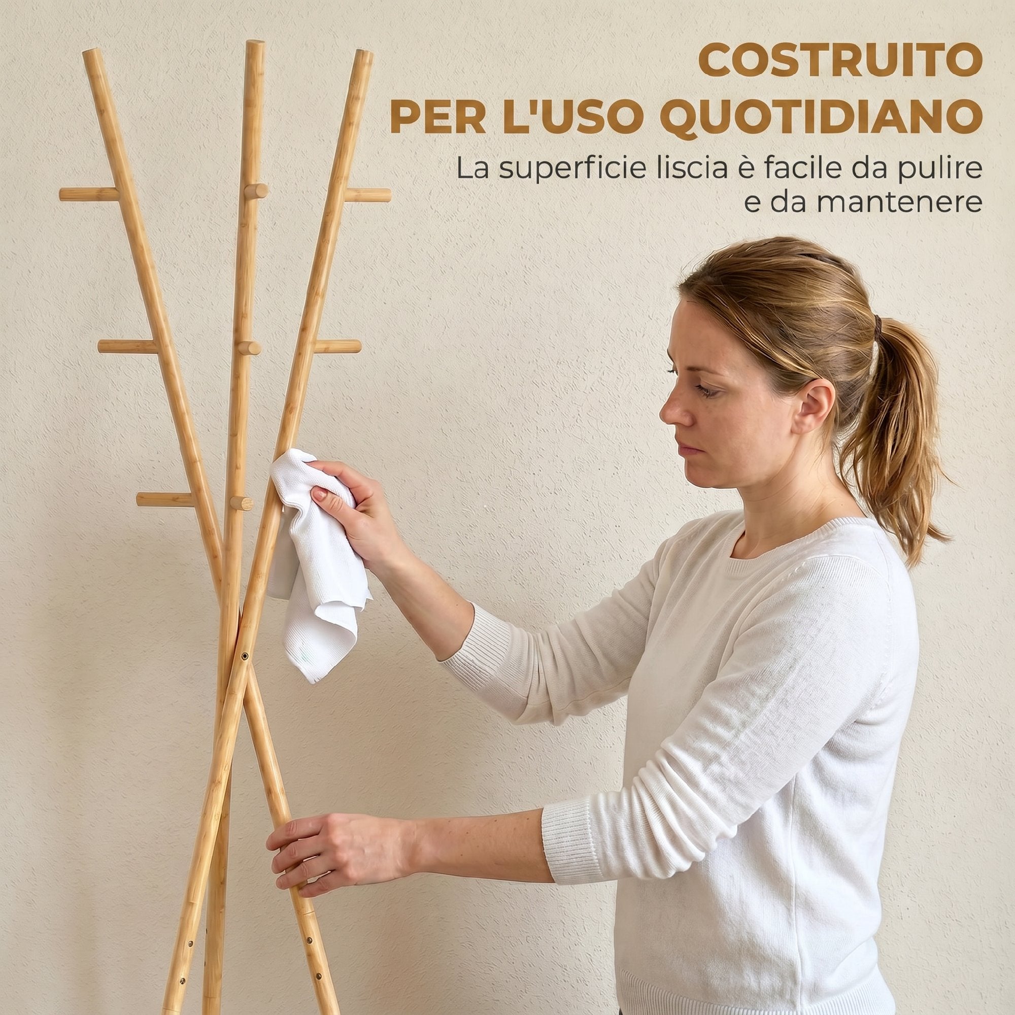 HOMCOM Clothes Tree with 9 Hooks and 2 Shelves, Natural