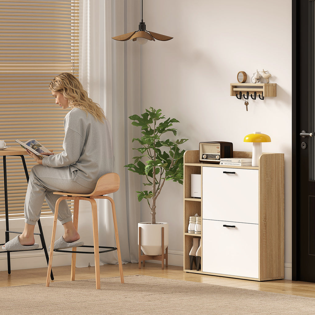 HOMCOM Slim Shoe Rack with 2 Tilting Drawers and 3 Open Compartments, Capacity 15 Shoes, 83x24x90.5 cm, Wood and White Color