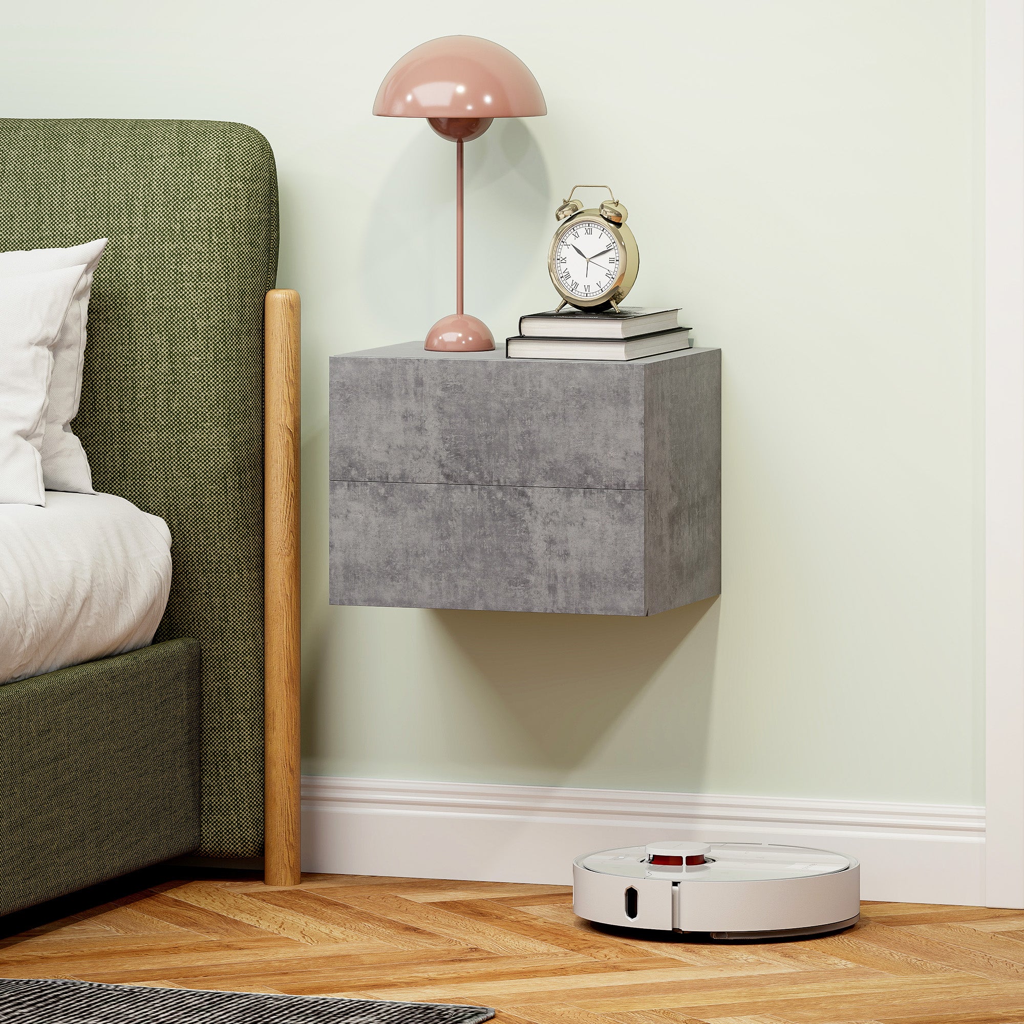 Set of 2 Floating Bedside Tables with 2 Drawers Modern and Space-Saving, 40x29x30 cm, Cement Grey