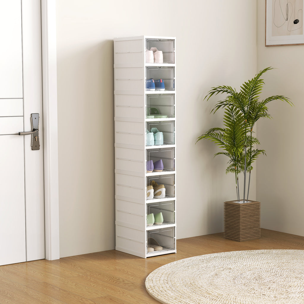 Shoe Rack with 8 Stackable and Foldable Shoe Containers with Transparent Panel, White