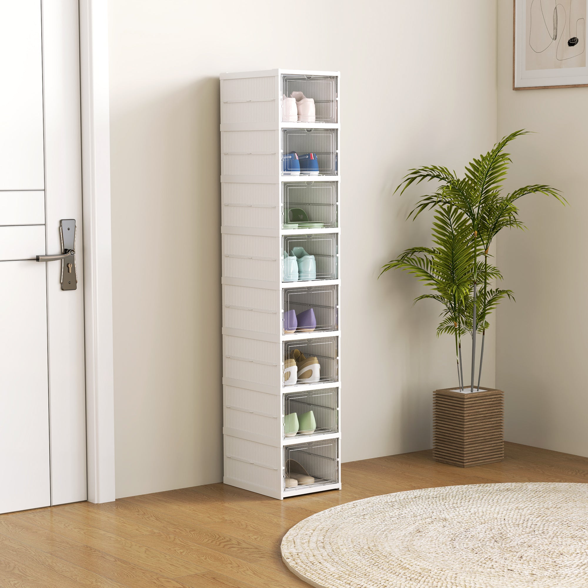 Shoe Rack with 8 Stackable and Foldable Shoe Containers with Transparent Panel, White