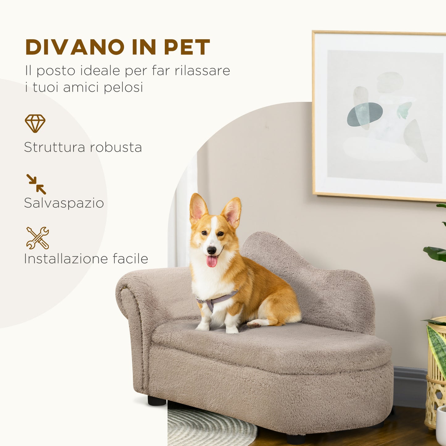 Raised Dog Sofa with Retractable Storage Space, Wood and Velvet Fabric, 80x40x46 cm, Beige