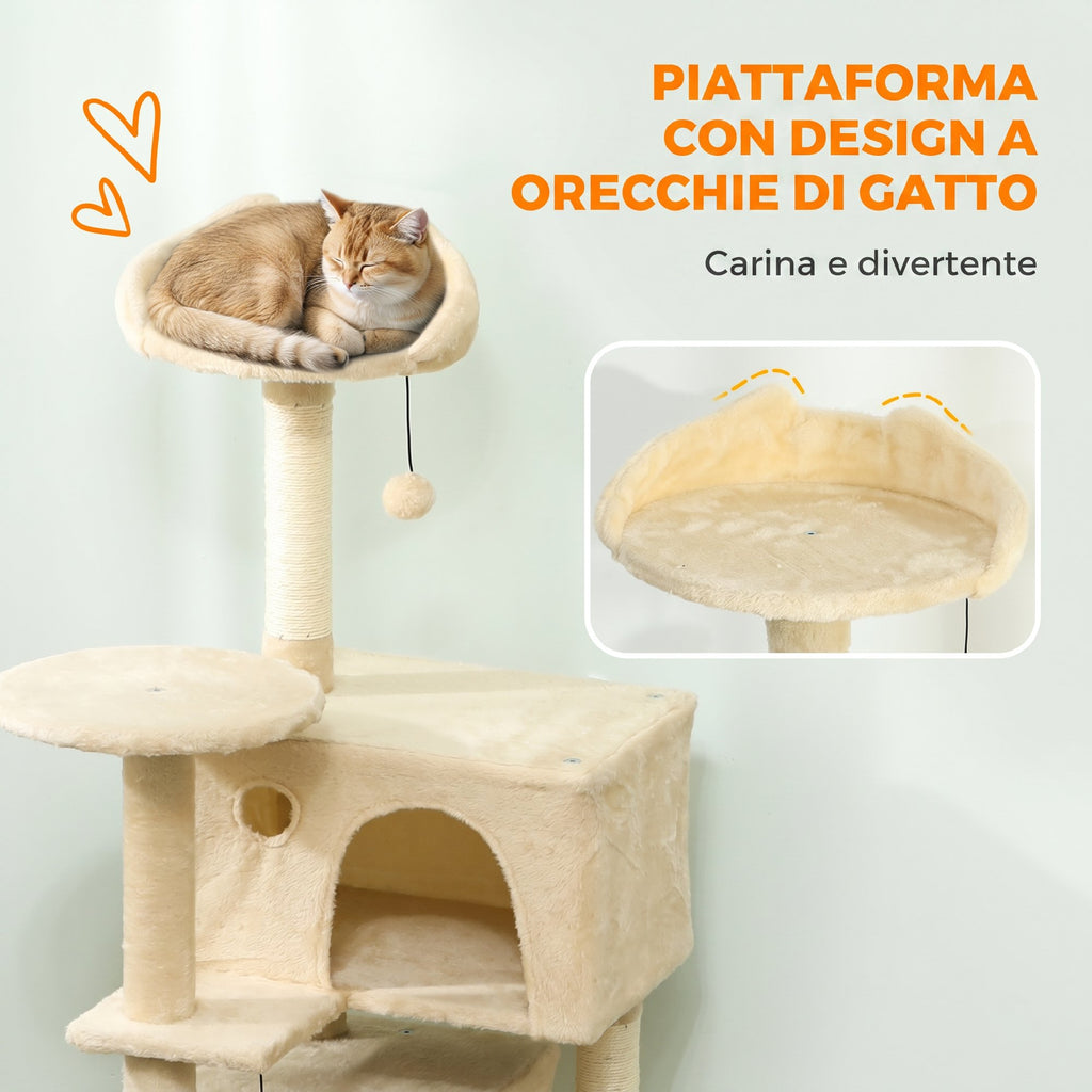 PawHut Cat Tree, 140 cm Tall, with 2 Cat Houses, Hammock, Bed and Sisal Posts, Beige