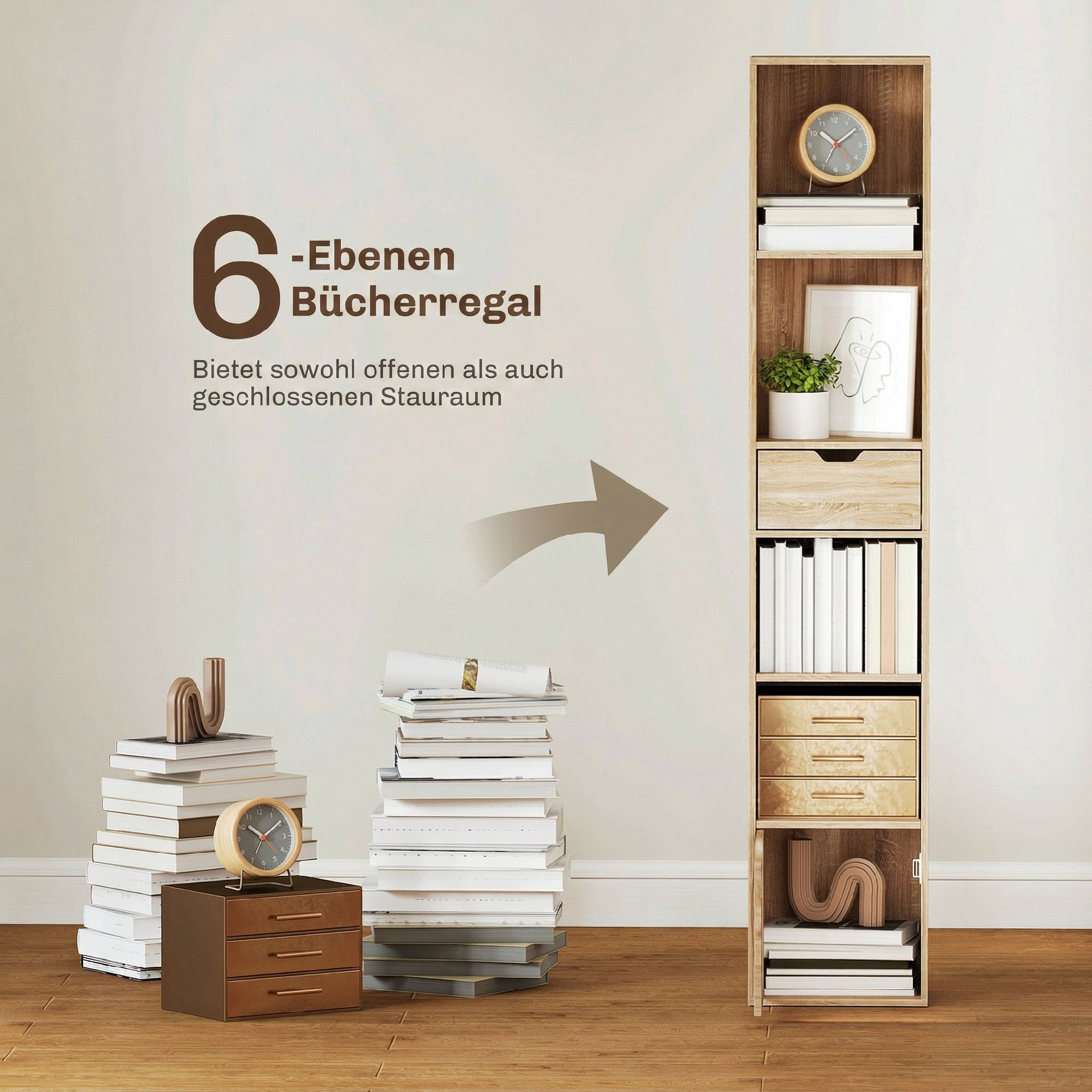HOMCOM 4-Tier Open Bookshelf with Cabinet and Drawer, 30x24x158 cm, Wood Color